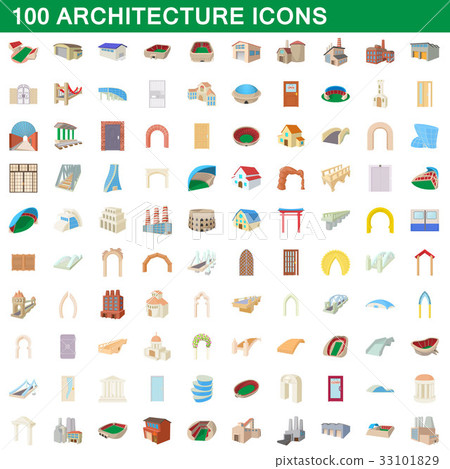 100 architecture icons set, cartoon style 100 architecture icons set, cartoon style 33101829
