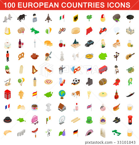 100 European countries icons set, isometric style 100 European countries icons set, isometric style 33101843