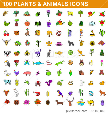 100 plants and animals icons set, cartoon style  33101860