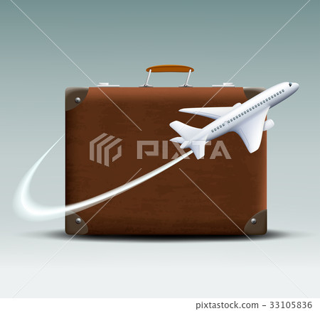 white plane flies around the brown suitcase white plane flies around the brown suitcase 33105836
