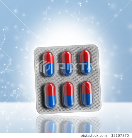 Red and blue pills in a blister on bokeh Red and blue pills in a blister on bokeh 33107870