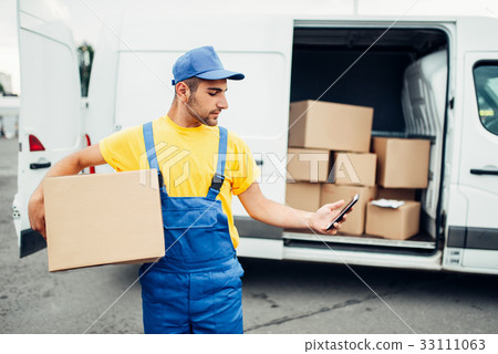 Cargo delivery service, courier with box and phone Cargo delivery service, courier with box and phone 33111063