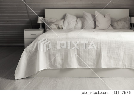 White nordic bedroom interior with knit plaid White nordic bedroom interior with knit plaid 33117626