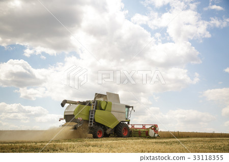 Working combine harvester in a wheat field Working combine harvester in a wheat field 33118355