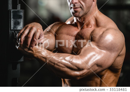 Brutal caucasian handsome fitness men on diet training chest pum 33118481