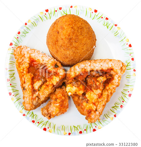 top view of meat ragu stuffed rice balls arancini 33122380