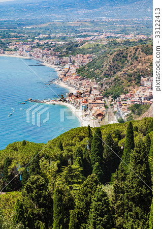view of Giardini Naxos town on Ionian Sea shore view of Giardini Naxos town on Ionian Sea shore 33122413