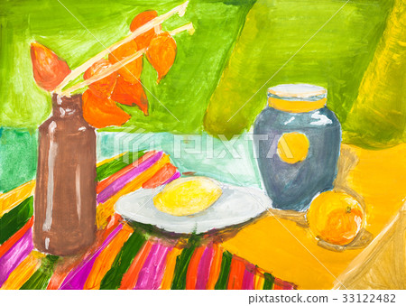 still-life with ceramic jugs and fruits on table 33122482