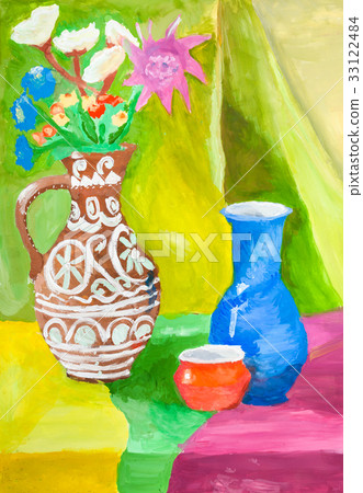 color still-life with ceramic jugs on table 33122484
