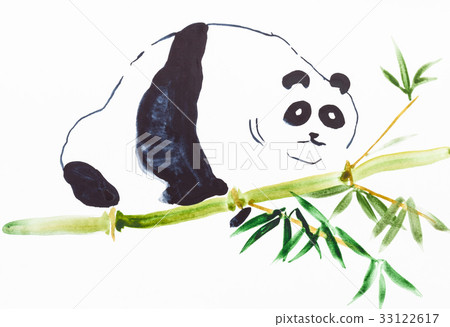 panda on bamboo trunk on white paper panda on bamboo trunk on white paper 33122617