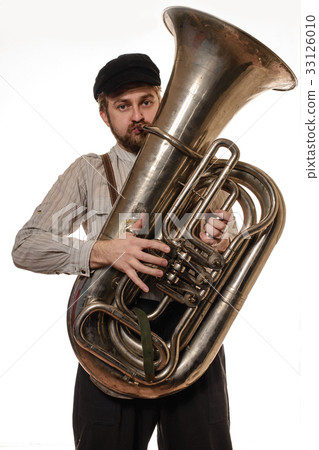 man with suspenders and cap holding the tube man with suspenders and cap holding the tube 33126010