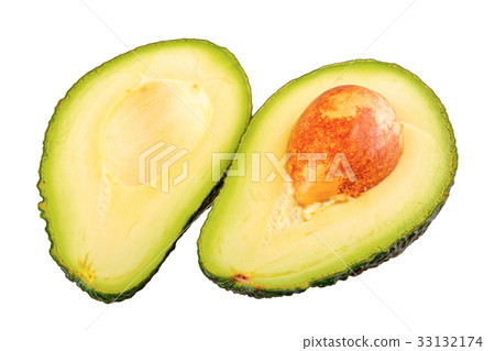 Two half of cut avocado on a white background 33132174