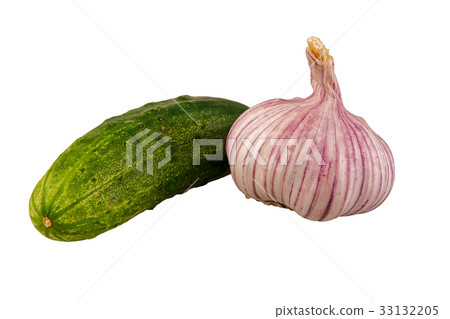 Cucumber and garlic on a white background 33132205
