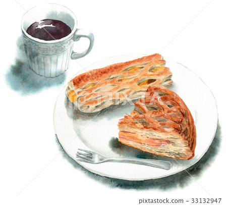 2 slices of analog watercolor pie and coffee 33132947