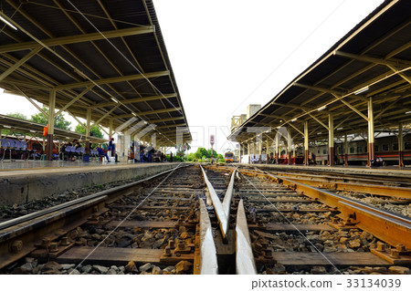 Close-up railway track with incoming train  33134039