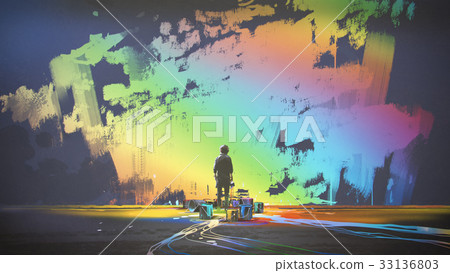 man paints colorful brush stroke in the air man paints colorful brush stroke in the air 33136803
