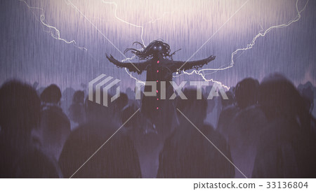 wizard raising arms standing out from the crowd wizard raising arms standing out from the crowd 33136804