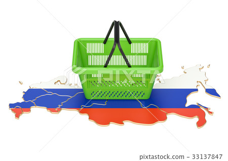 Shopping basket on Russian map, market basket 33137847