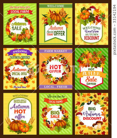 Autumn sale retro poster set with fall season leaf 33142194