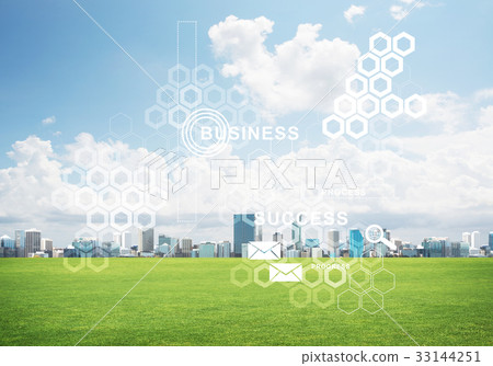 Natural background with modern cityscape green field and media interface Natural background with modern cityscape green field and media interface 33144251