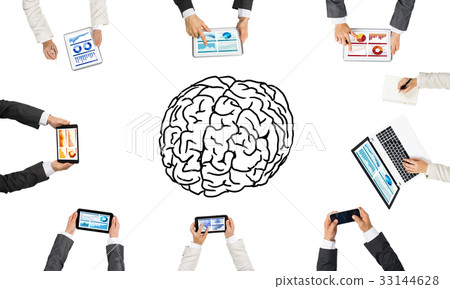 Top view of businesspeople sitting at table and using gadgets 33144628