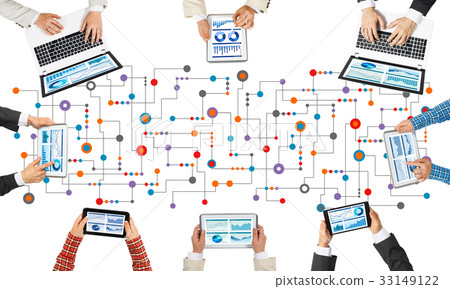 Top view of businesspeople sitting at table and using gadgets 33149122