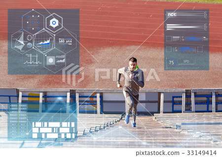 man running upstairs on stadium 33149414