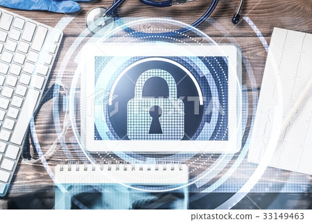 Top view of doctor workplace with tablet pc and medicine tools o Top view of doctor workplace with tablet pc and medicine tools o 33149463