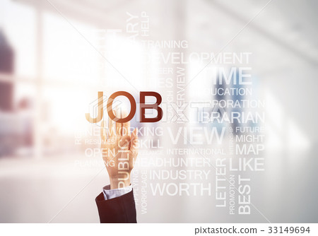 Concept of modern business with palm choocing on of keywords for 33149694