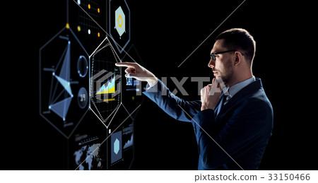 businessman with virtual screen over black businessman with virtual screen over black 33150466