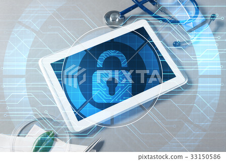 Top view of doctor workplace with tablet pc and medicine tools on wooden table Top view of doctor workplace with tablet pc and medicine tools on wooden table 33150586