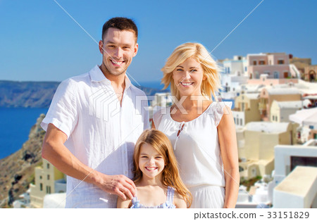 happy family over santorini island background happy family over santorini island background 33151829