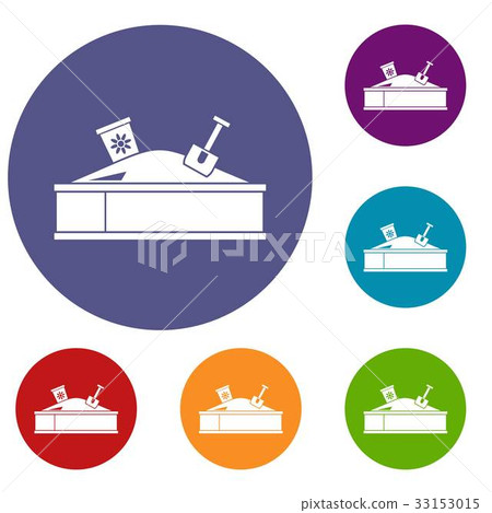 Sandbox with bucket and shovel icons set Sandbox with bucket and shovel icons set 33153015