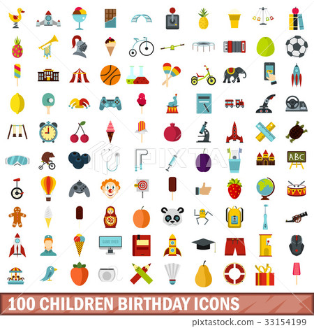 100 children birthday icons set, flat style 100 children birthday icons set, flat style 33154199