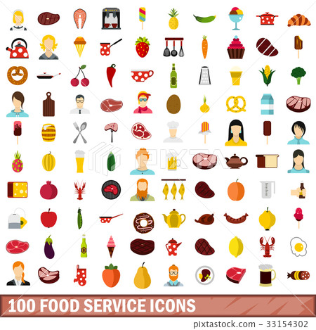 100 food service icons set, flat style 100 food service icons set, flat style 33154302