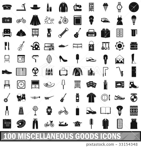 100 miscellaneous goods icons set, simple style 33154348