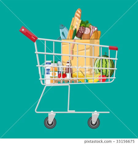 Shopping cart full of groceries products Shopping cart full of groceries products 33156675