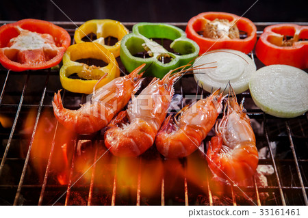 shrimp,prawn grilled on barbecue stove 33161461