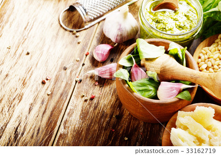 Top view of Pesto sauce ingredients and utensils  33162719