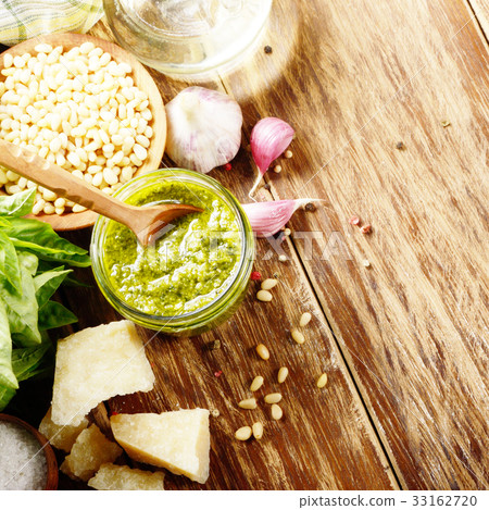 Top view of Pesto sauce and ingredients 33162720