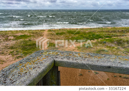 Moss on the wooden railing of the terrace Moss on the wooden railing of the terrace 33167224