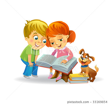 Cute girl and boy reading book - Stock Illustration [33169854] - PIXTA