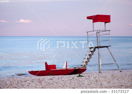 abandoned lifeguard tower and boat abandoned lifeguard tower and boat 33173527
