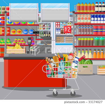 Supermarket store interior with goods. 33174027
