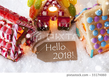 Colorful Gingerbread House, Text Hello 2018 33174860