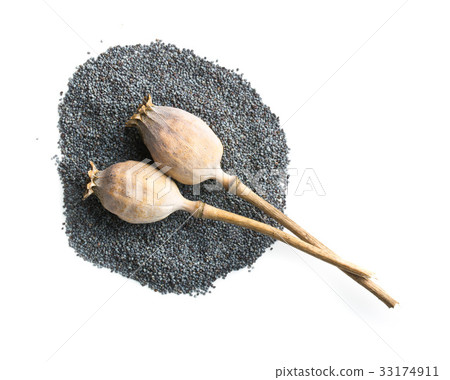 Dried poppy heads and seeds. Dried poppy heads and seeds. 33174911