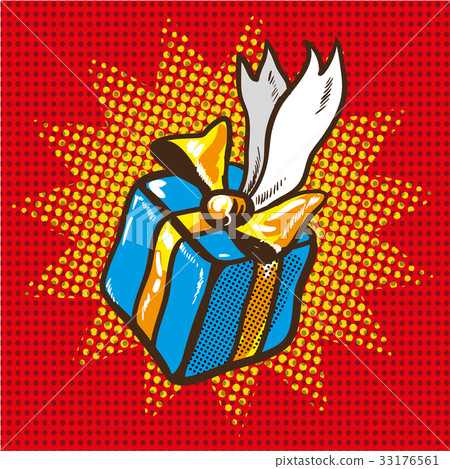 Blue gift box with Golden ribbons, pop art retro 33176561