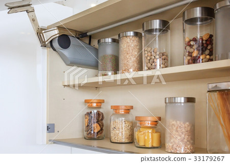 Kitchen cabinet opened with Kitchen bench shelves 33179267