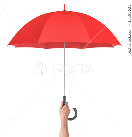 A male hand holds a large classic red umbrella 33183625
