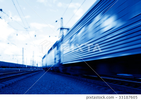 Blue speed train in motion concept Blue speed train in motion concept 33187605